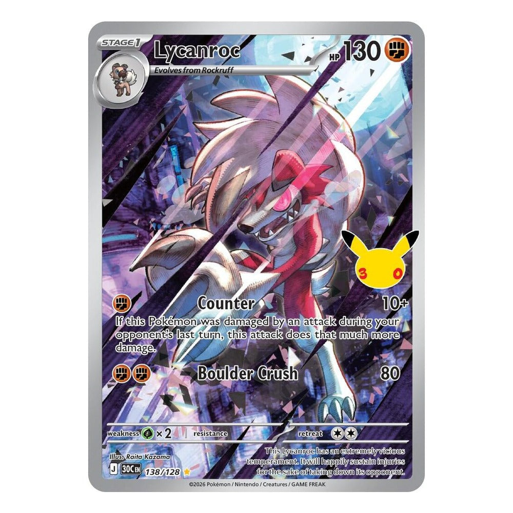 Pokémon TCG: Lycanroc 138/128 Illustration Rare (30th Celebration) — NM