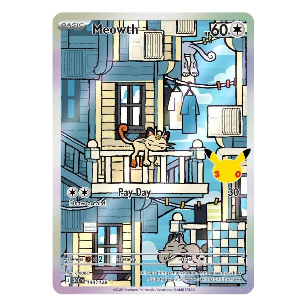 Pokémon TCG: Meowth 144/128 Illustration Rare (30th Celebration) – NM