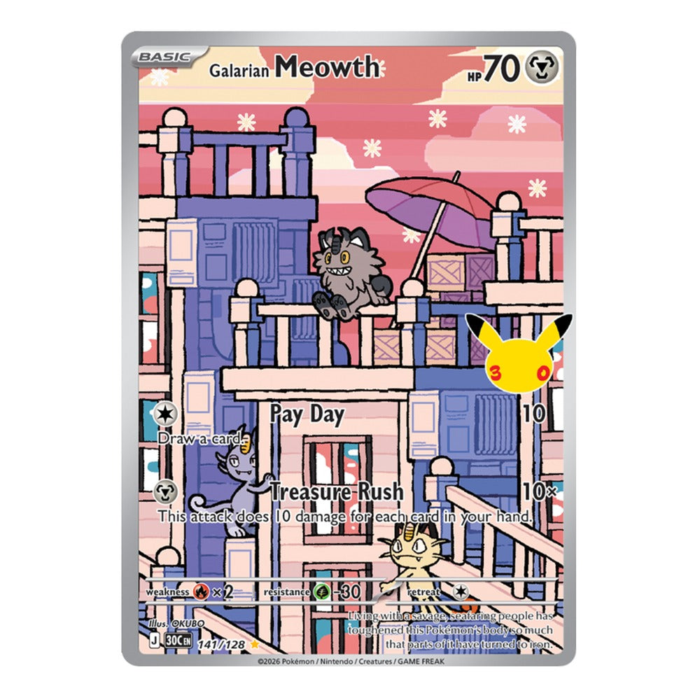 Pokémon TCG: Galarian Meowth 141/128 Illustration Rare (30th Celebration) — NM